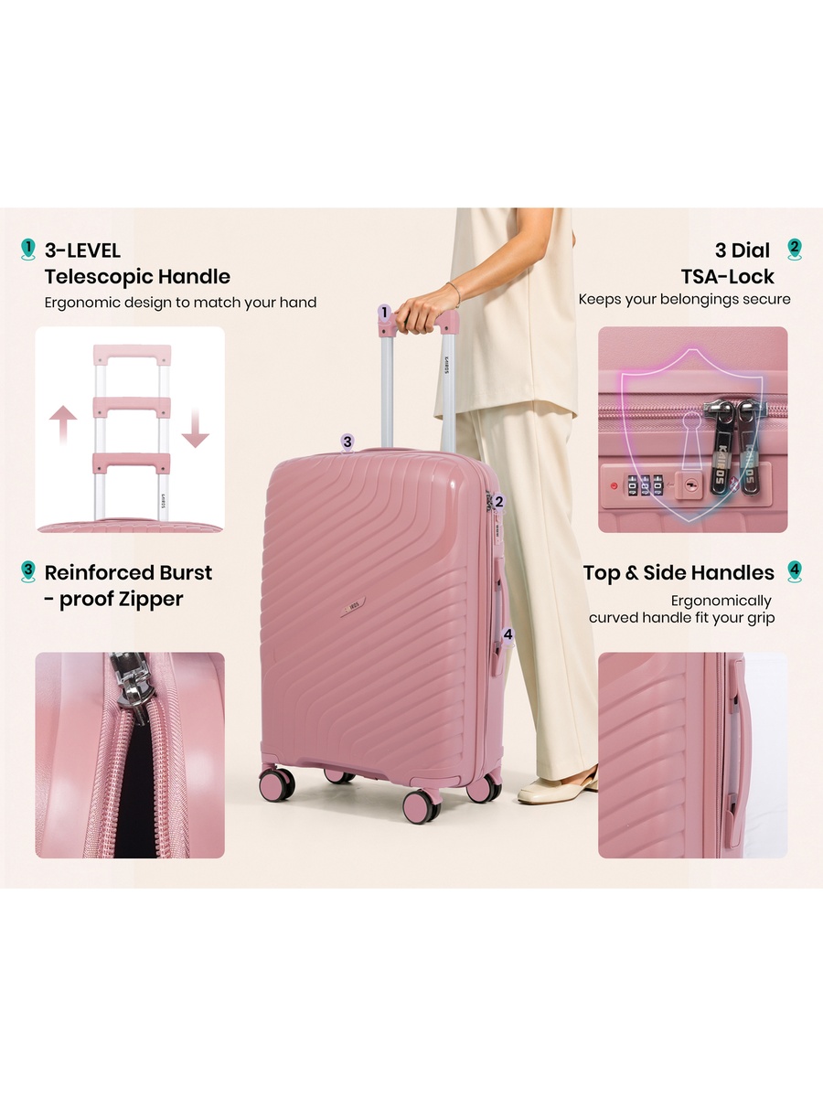 20inch Luggage with Anti-Theft Zipper | Polypropylene(PP) Material | Lightweight | TSA Lock | 360, 4-Wheels | Telescopic Handle | Tough Suitcase for Travel KTR-700-20-Rose Gold