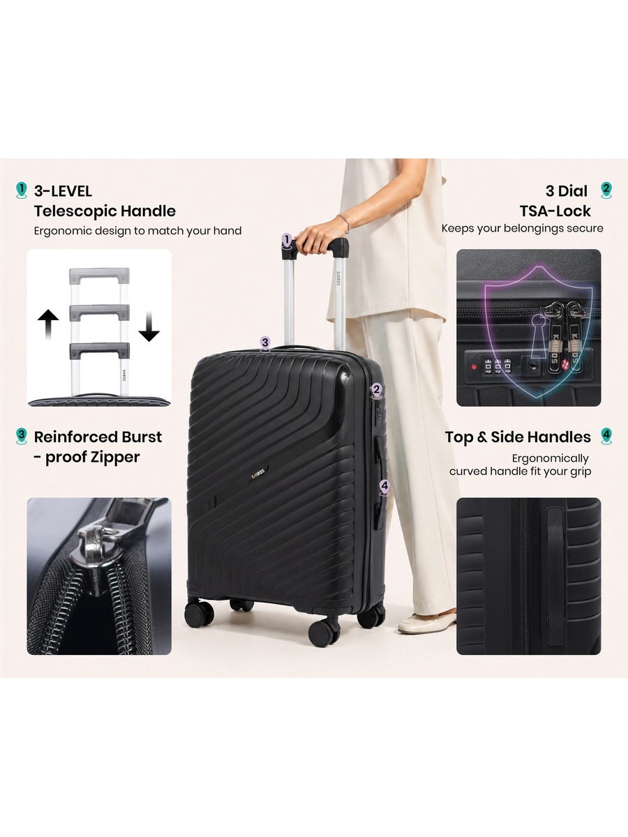 24inch Luggage with Anti-Theft Zipper | Polypropylene(PP) Material | Lightweight | TSA Lock | 360, 4-Wheels | Telescopic Handle | Tough Suitcase for Travel KTR-700-24-Black