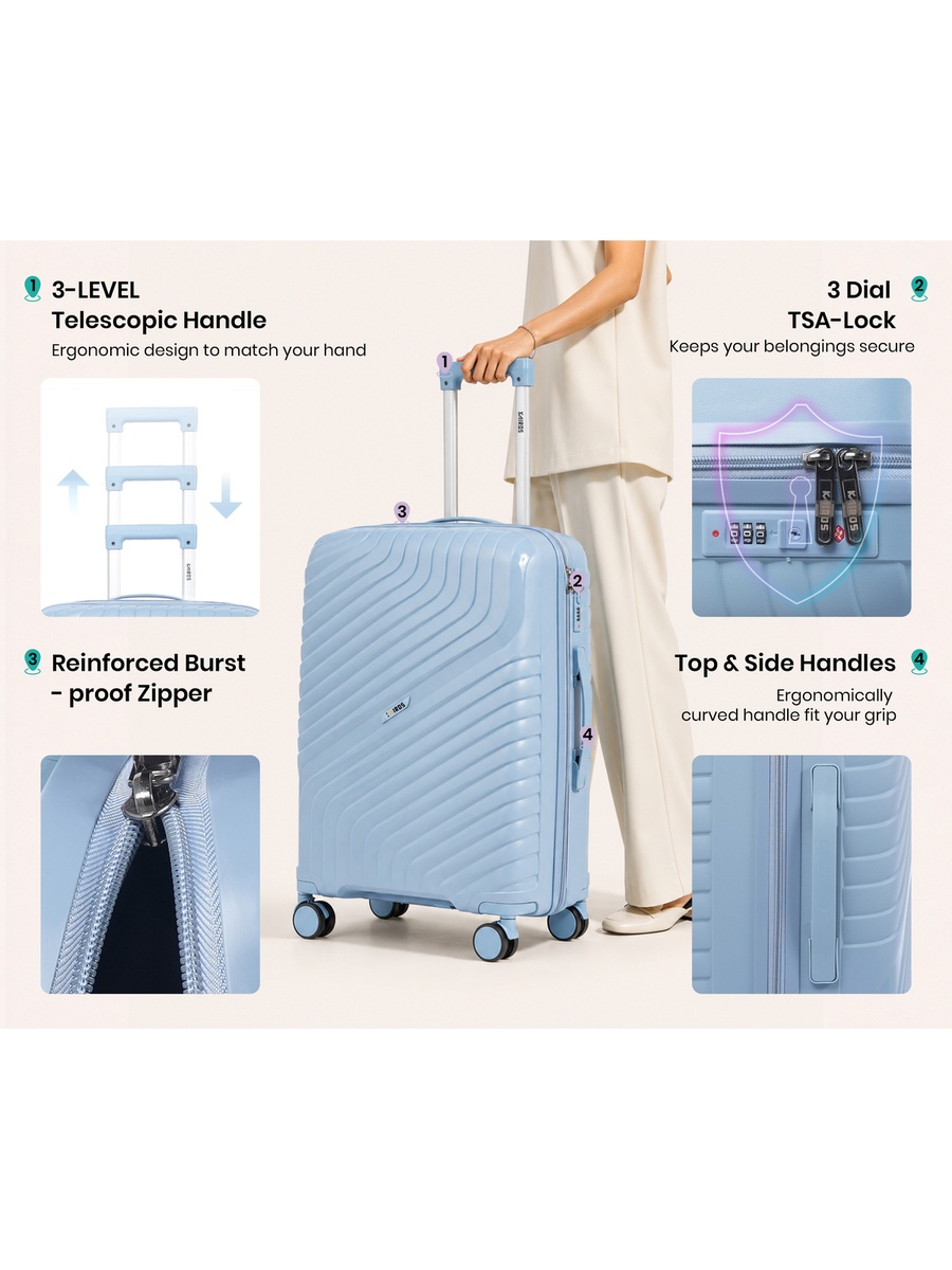 24inch Luggage with Anti-Theft Zipper | Polypropylene(PP) Material | Lightweight | TSA Lock | 360, 4-Wheels | Telescopic Handle | Tough Suitcase for Travel KTR-700-24-Blue