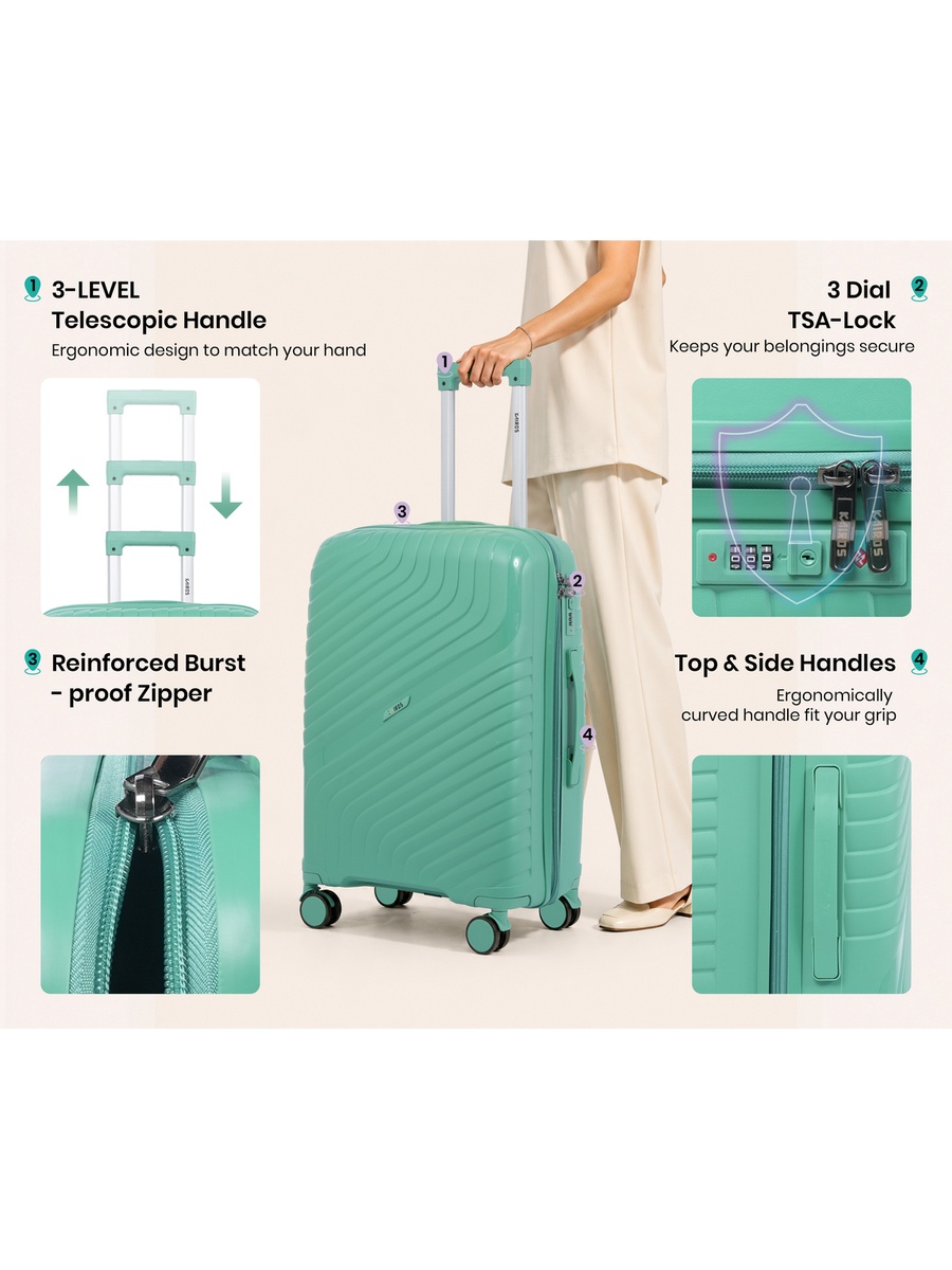 28inch Luggage with Anti-Theft Zipper | Polypropylene(PP) Material | Lightweight | TSA Lock | 360, 4-Wheels | Telescopic Handle | Tough Suitcase for Travel KTR-700-28-Green