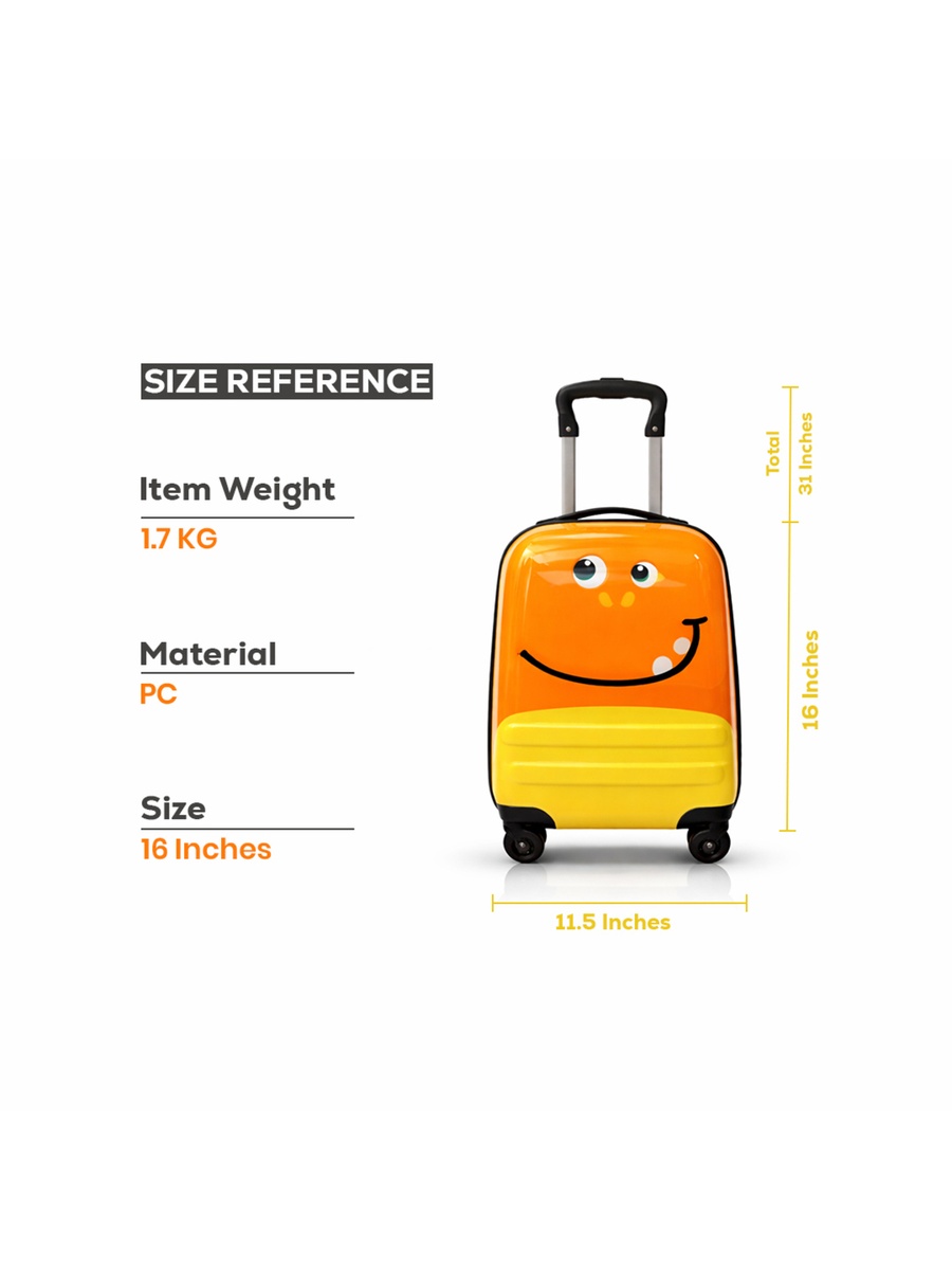 Kids Polycarbonate Trolley Cabin Bag - Durable, Lightweight, Fun & Travel 16 inches Suitcase Orange Smile
