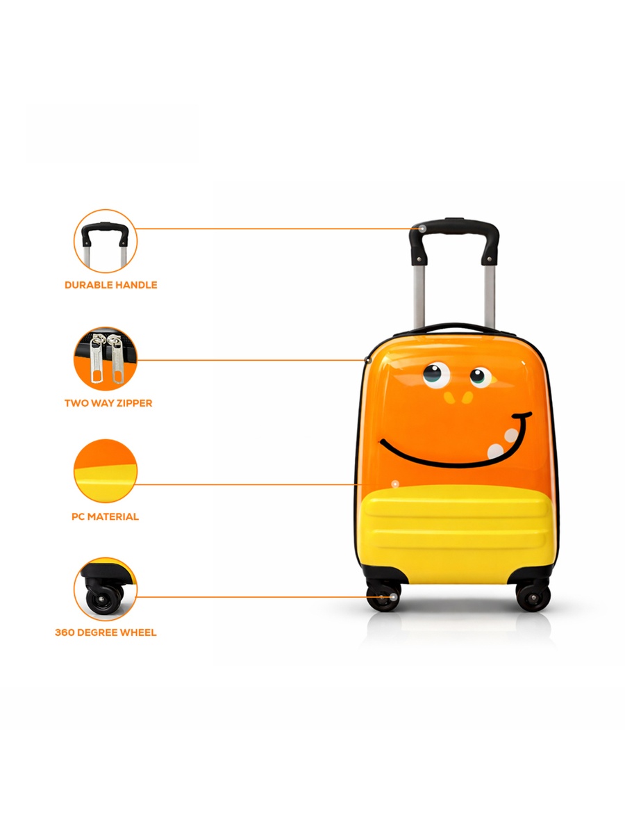 Kids Polycarbonate Trolley Cabin Bag - Durable, Lightweight, Fun & Travel 16 inches Suitcase Orange Smile