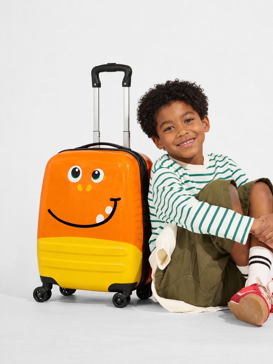 Kids Polycarbonate Trolley Cabin Bag - Durable, Lightweight, Fun & Travel 16 inches Suitcase Orange Smile