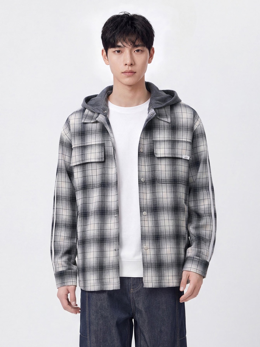 Men Plaid Hooded Overshirt Jacket