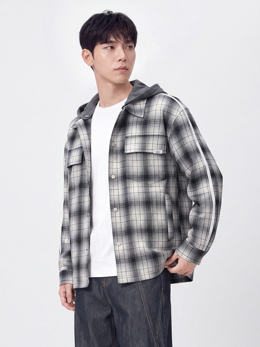 Men Plaid Hooded Overshirt Jacket