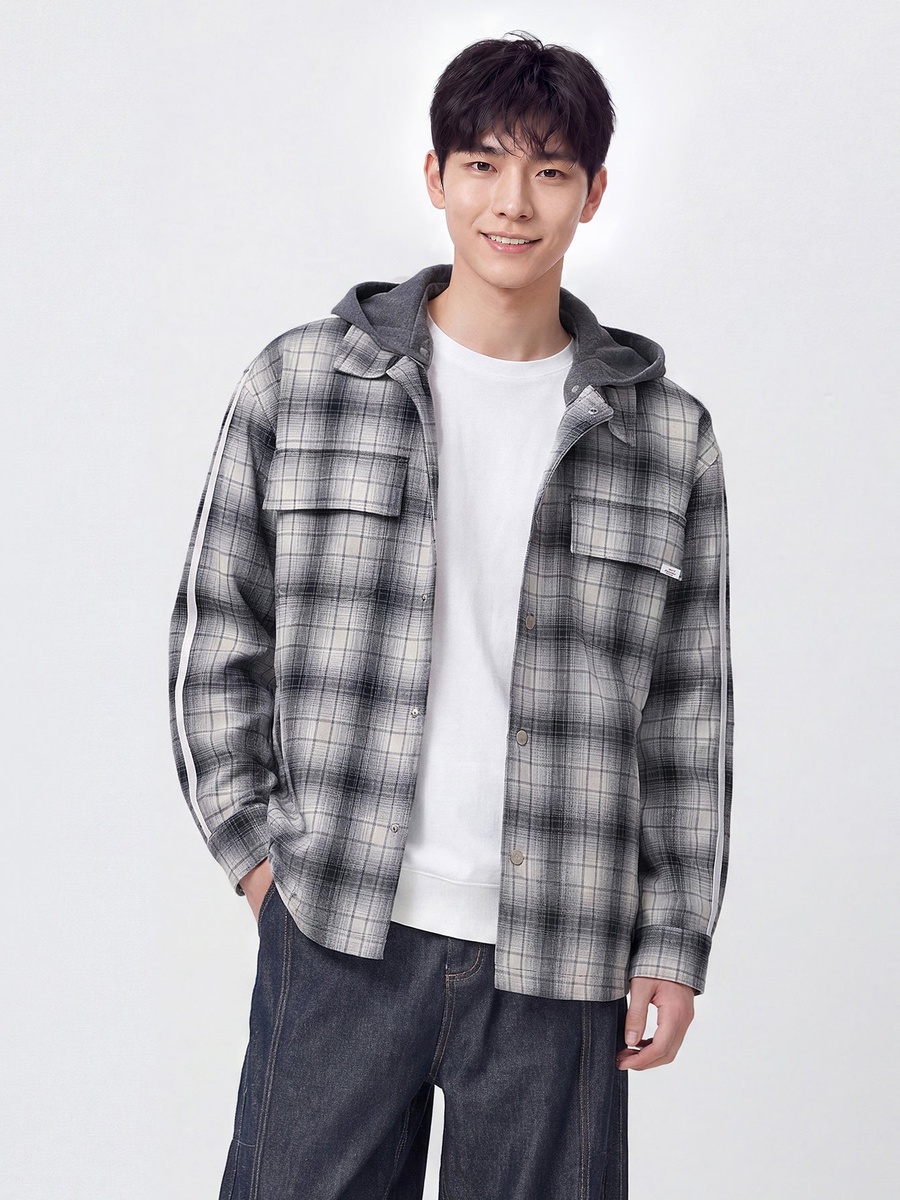 Men Plaid Hooded Overshirt Jacket
