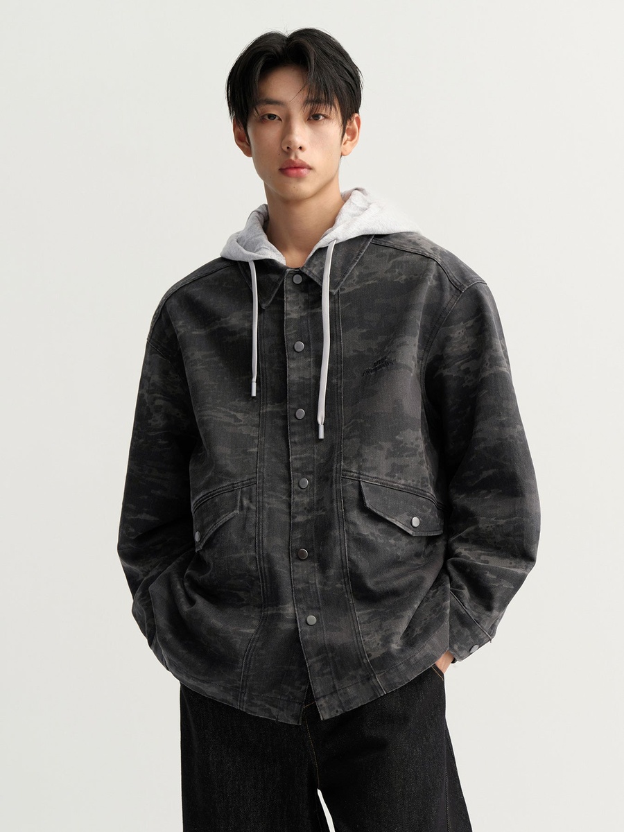 Men Printed Denim Hooded Shirt Jacket