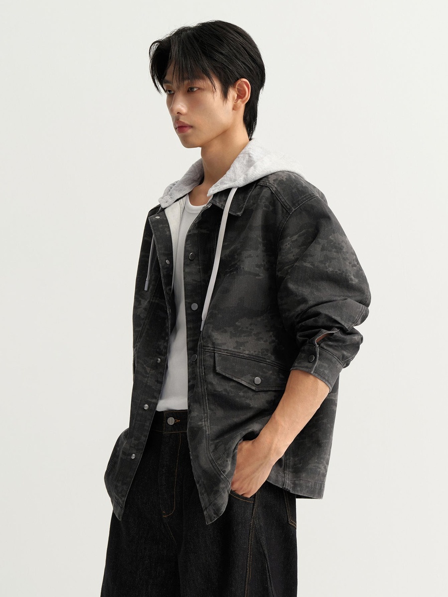 Men Printed Denim Hooded Shirt Jacket