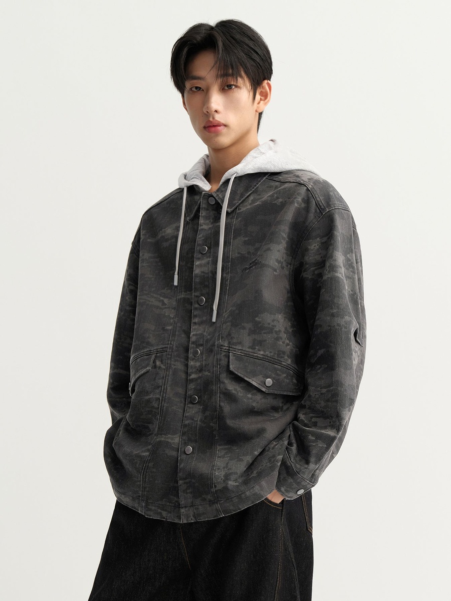 Men Printed Denim Hooded Shirt Jacket