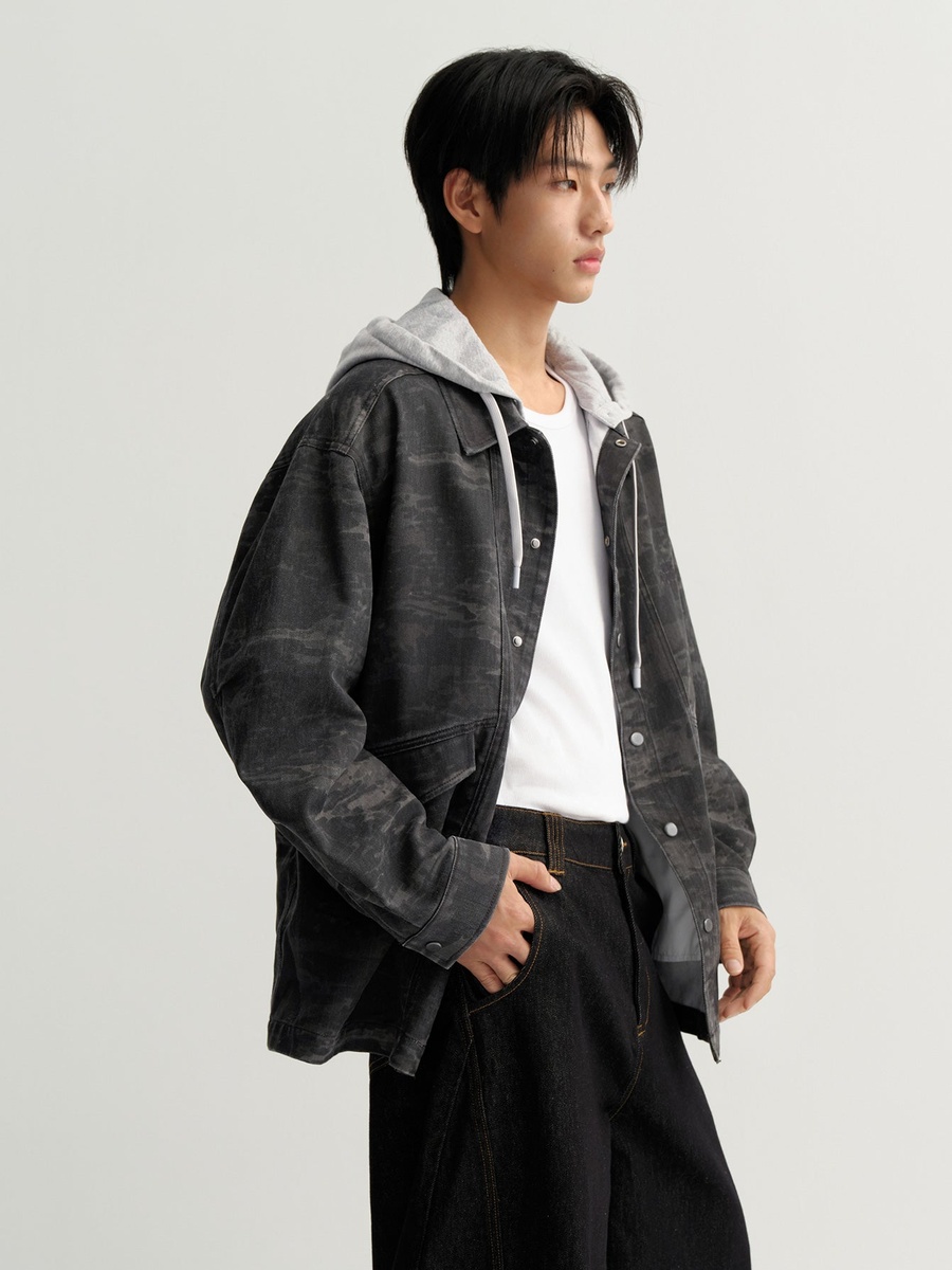 Men Printed Denim Hooded Shirt Jacket