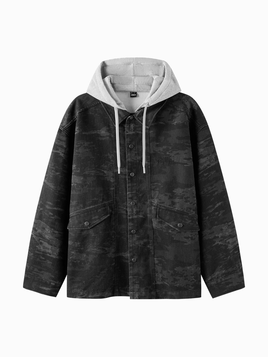 Men Printed Denim Hooded Shirt Jacket
