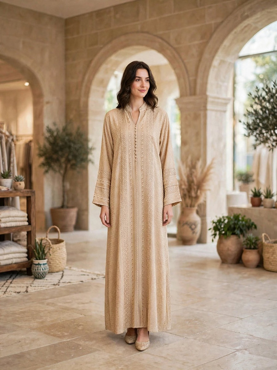 Textured Thread Embroidered Button Accent Jalabiya