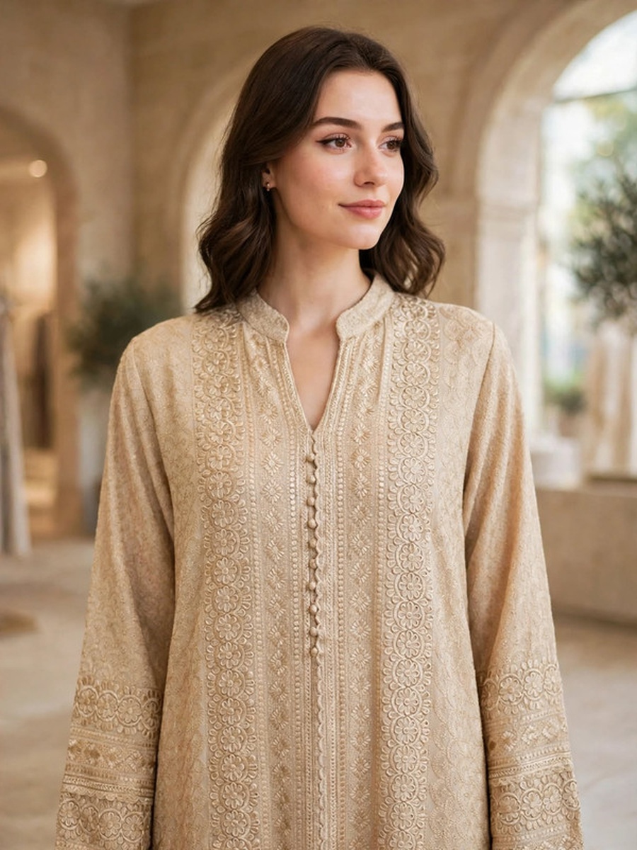 Textured Thread Embroidered Button Accent Jalabiya