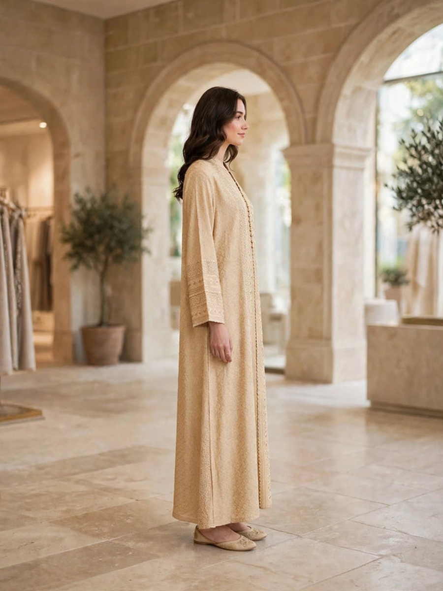 Textured Thread Embroidered Button Accent Jalabiya