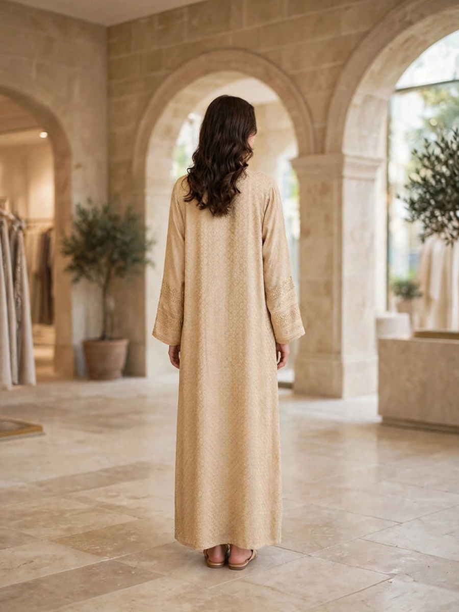 Textured Thread Embroidered Button Accent Jalabiya