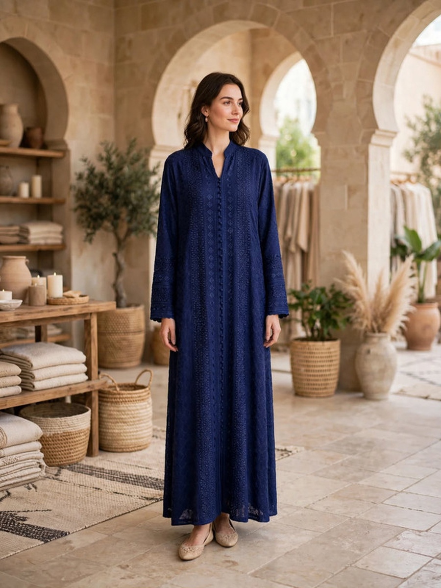 Textured Thread Embroidered Button Accent Jalabiya