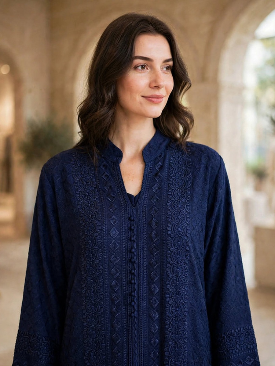 Textured Thread Embroidered Button Accent Jalabiya