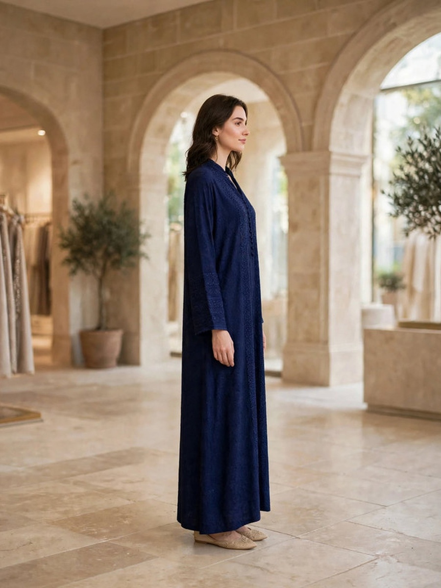 Textured Thread Embroidered Button Accent Jalabiya