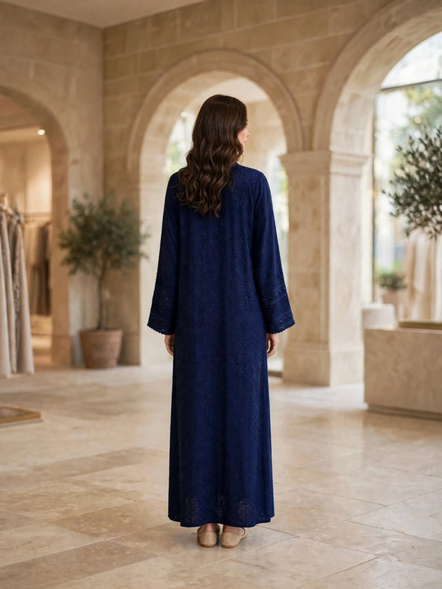 Textured Thread Embroidered Button Accent Jalabiya