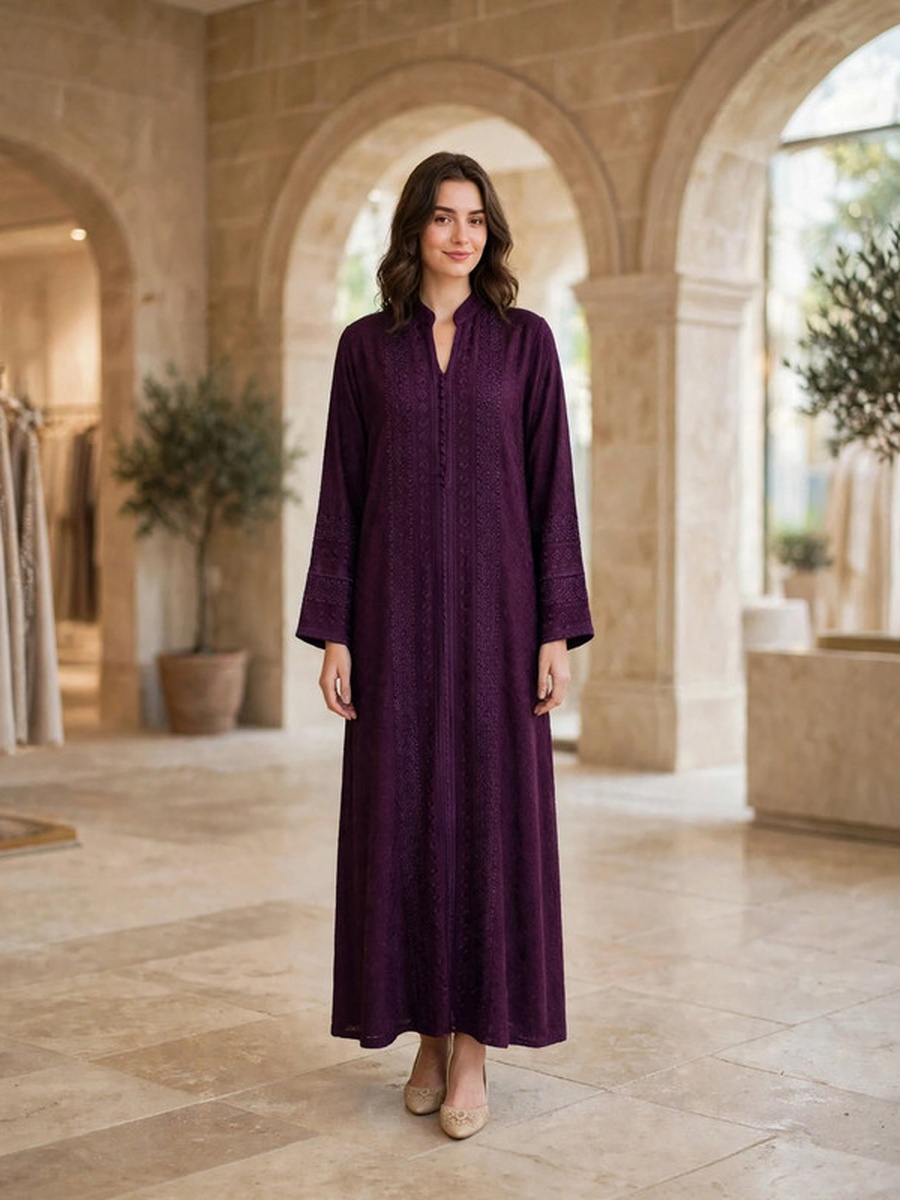 Textured Thread Embroidered Button Accent Jalabiya