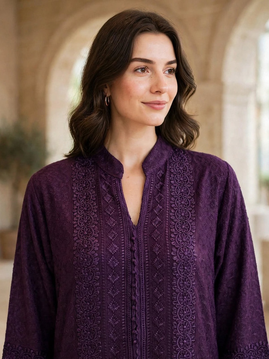 Textured Thread Embroidered Button Accent Jalabiya
