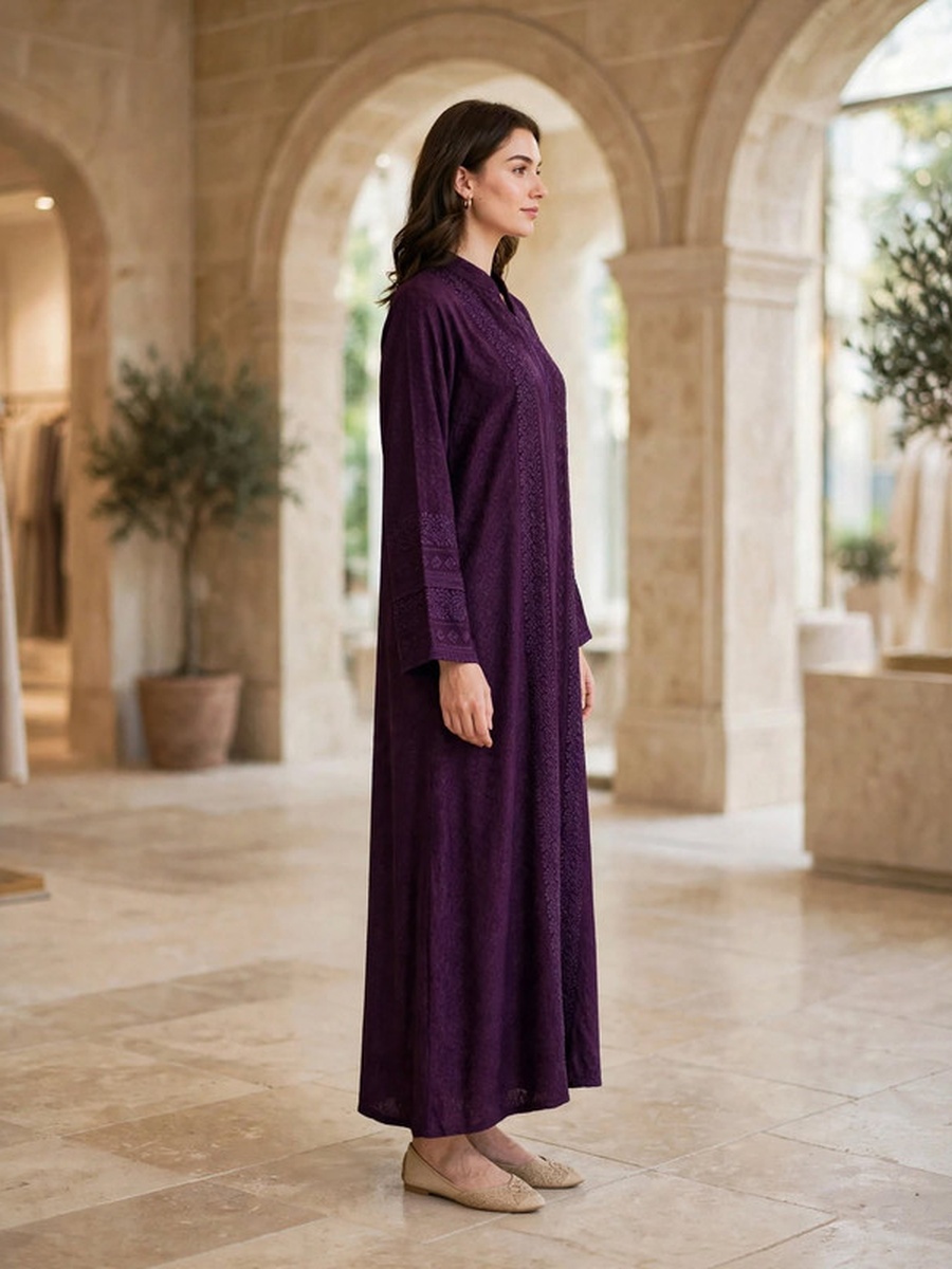 Textured Thread Embroidered Button Accent Jalabiya
