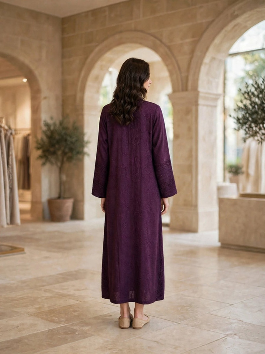 Textured Thread Embroidered Button Accent Jalabiya