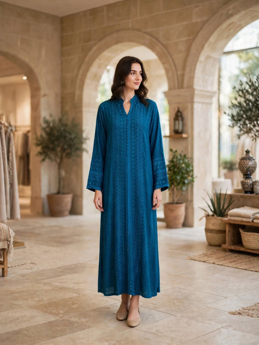 Textured Thread Embroidered Button Accent Jalabiya