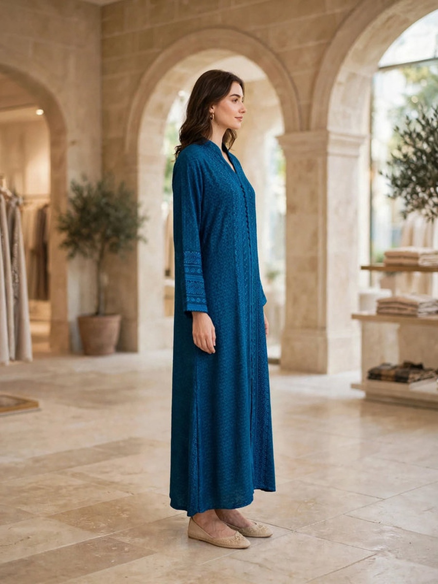 Textured Thread Embroidered Button Accent Jalabiya