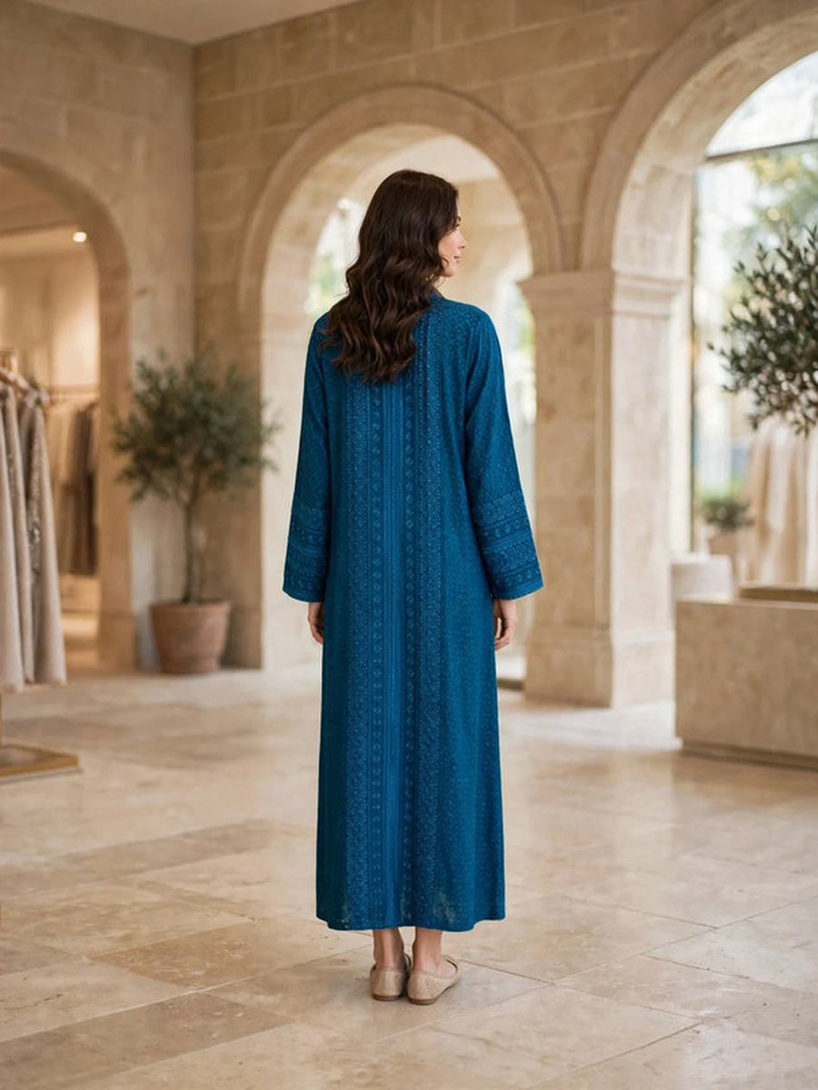 Textured Thread Embroidered Button Accent Jalabiya
