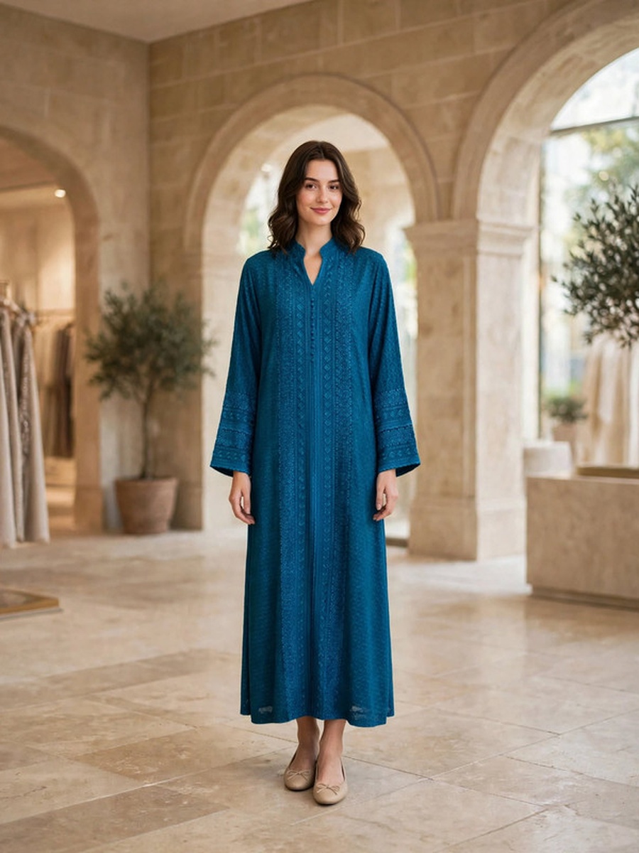 Textured Thread Embroidered Button Accent Jalabiya