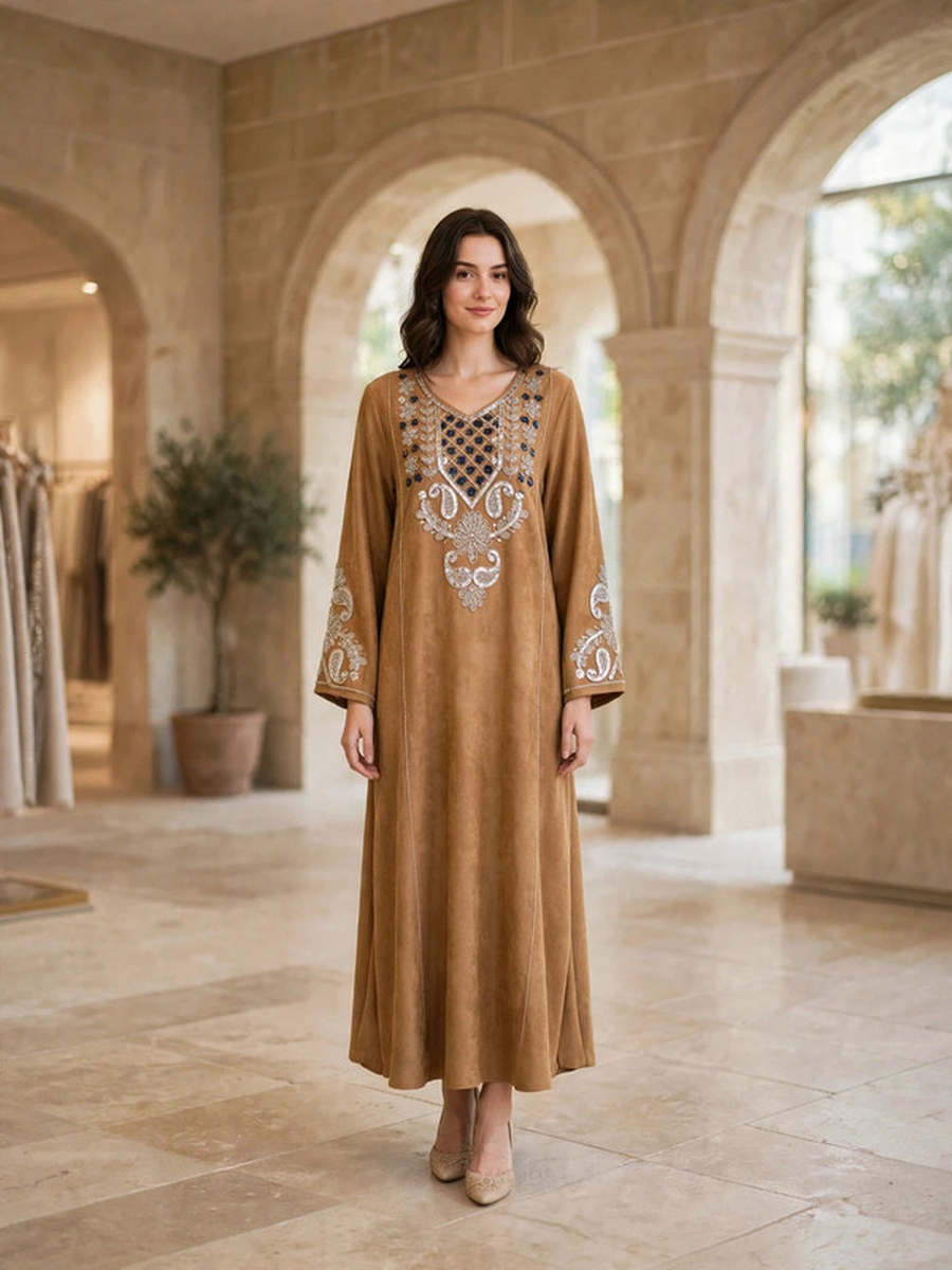 Paisley and Floral Embroidered Suede Winter Wear Jalabiya