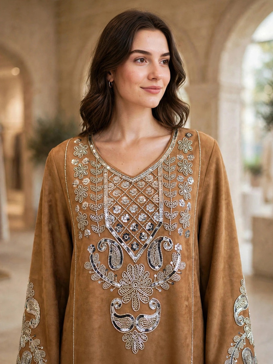 Paisley and Floral Embroidered Suede Winter Wear Jalabiya