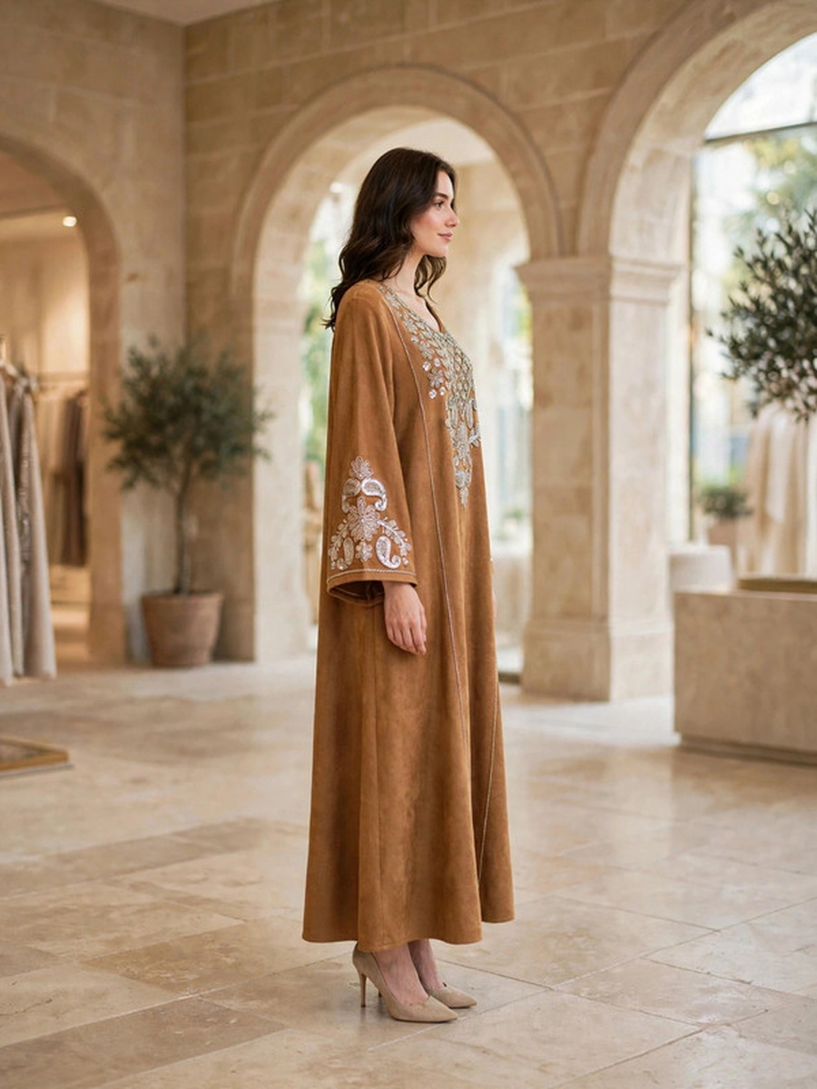 Paisley and Floral Embroidered Suede Winter Wear Jalabiya
