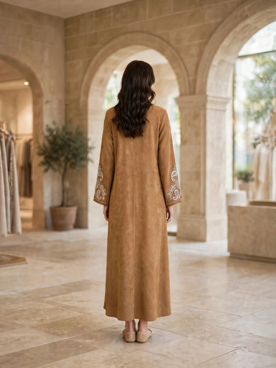 Paisley and Floral Embroidered Suede Winter Wear Jalabiya