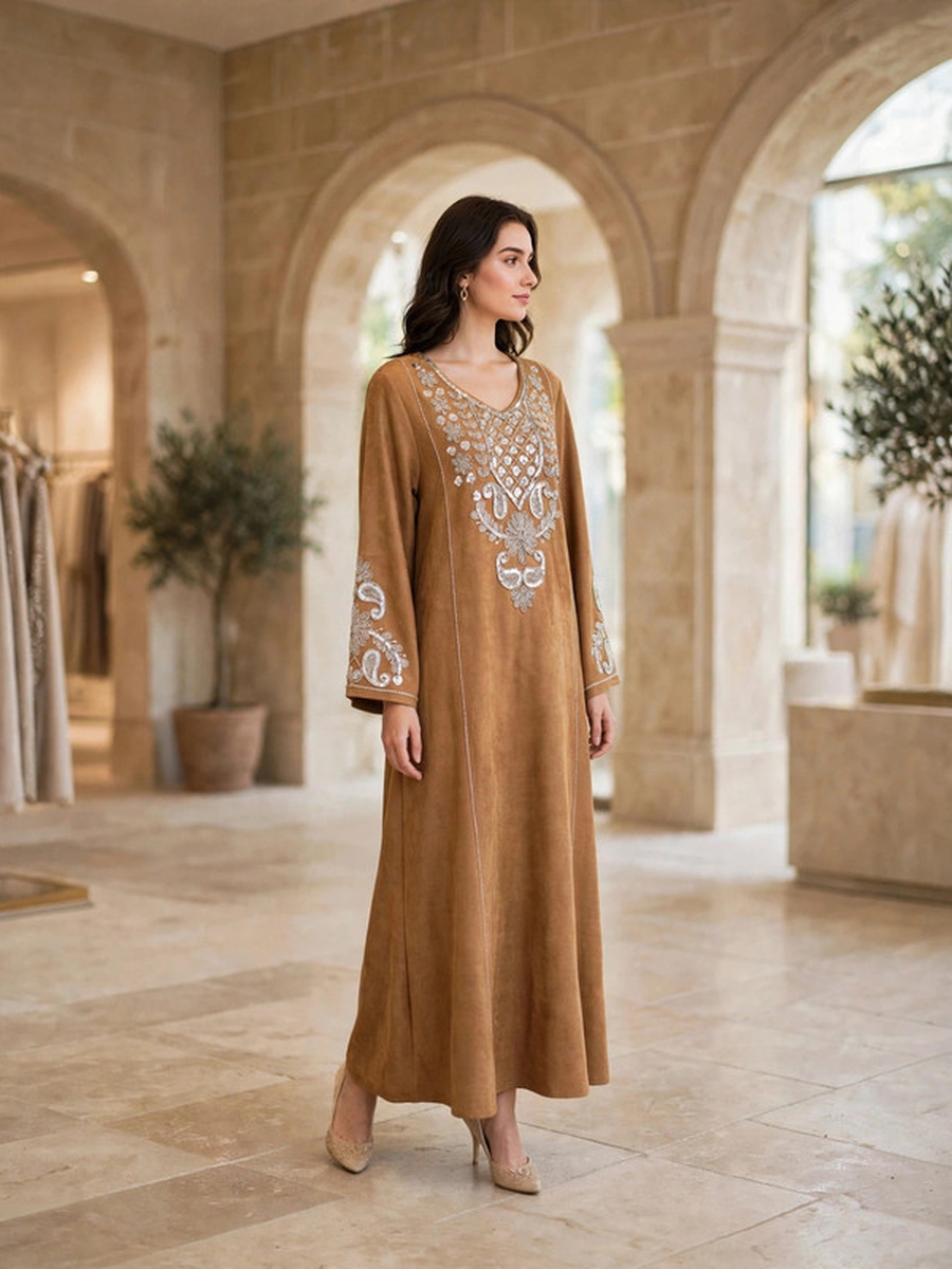 Paisley and Floral Embroidered Suede Winter Wear Jalabiya