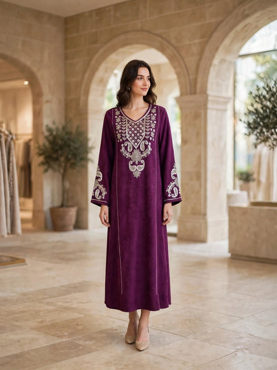 Paisley and Floral Embroidered Suede Winter Wear Jalabiya