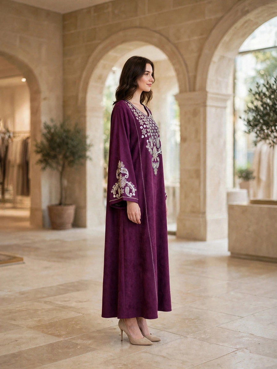 Paisley and Floral Embroidered Suede Winter Wear Jalabiya