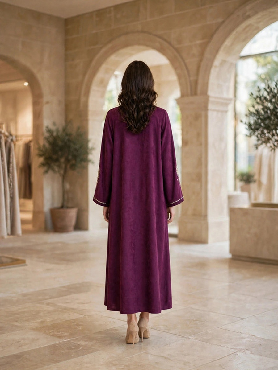 Paisley and Floral Embroidered Suede Winter Wear Jalabiya