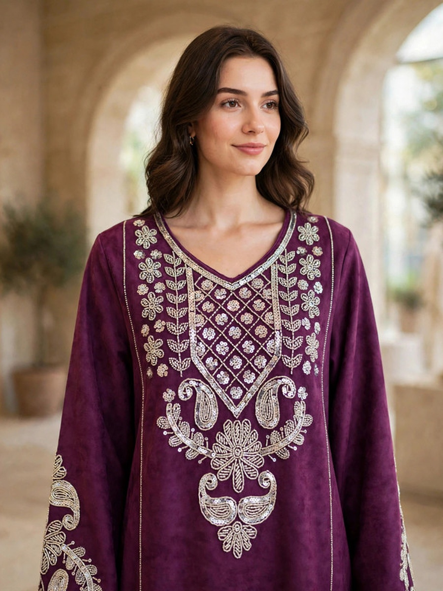 Paisley and Floral Embroidered Suede Winter Wear Jalabiya