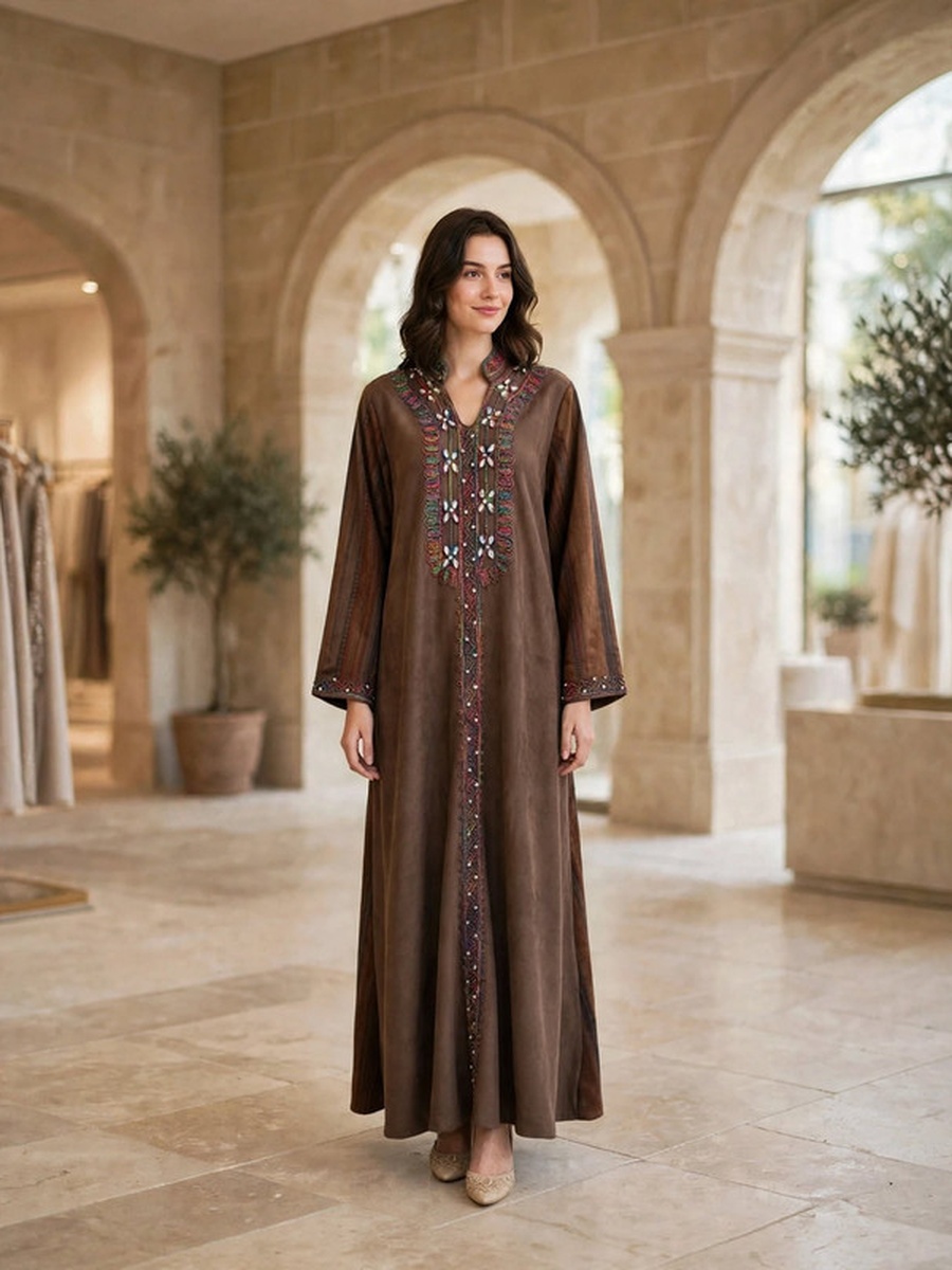 Multicolored Beaded and Crystal Suede Winter Wear Jalabiya