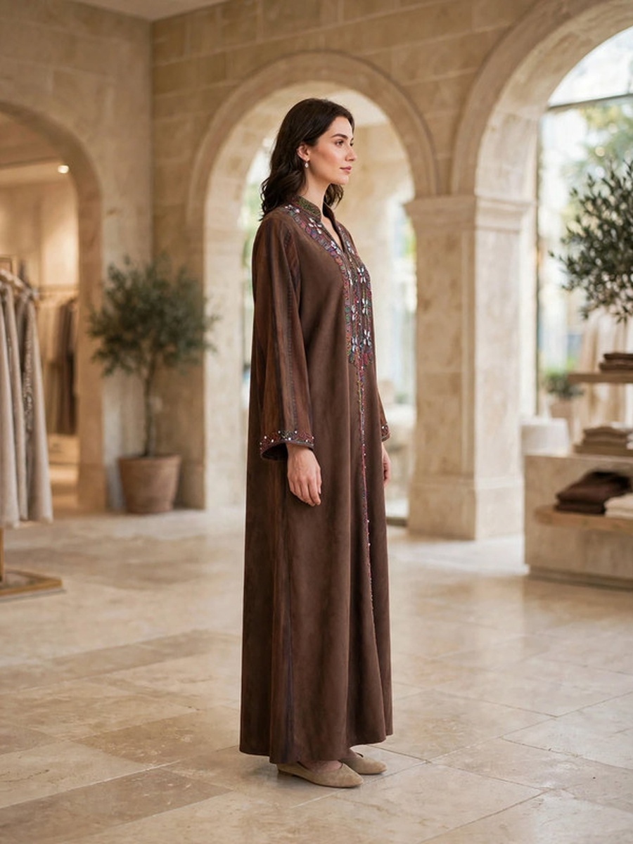 Multicolored Beaded and Crystal Suede Winter Wear Jalabiya