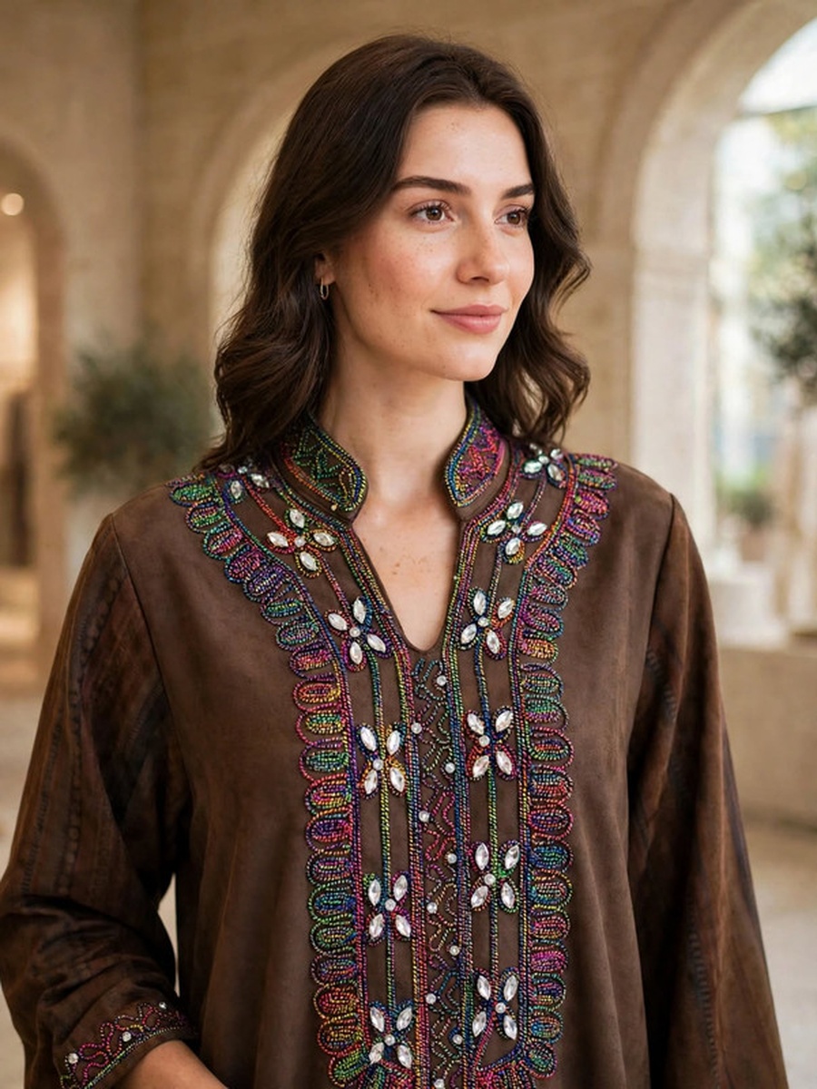 Multicolored Beaded and Crystal Suede Winter Wear Jalabiya