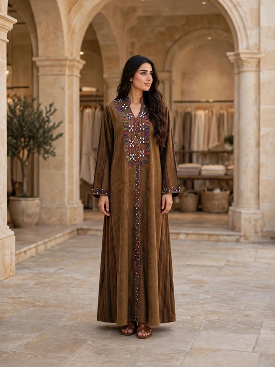 Multicolored Beaded and Crystal Suede Winter Wear Jalabiya