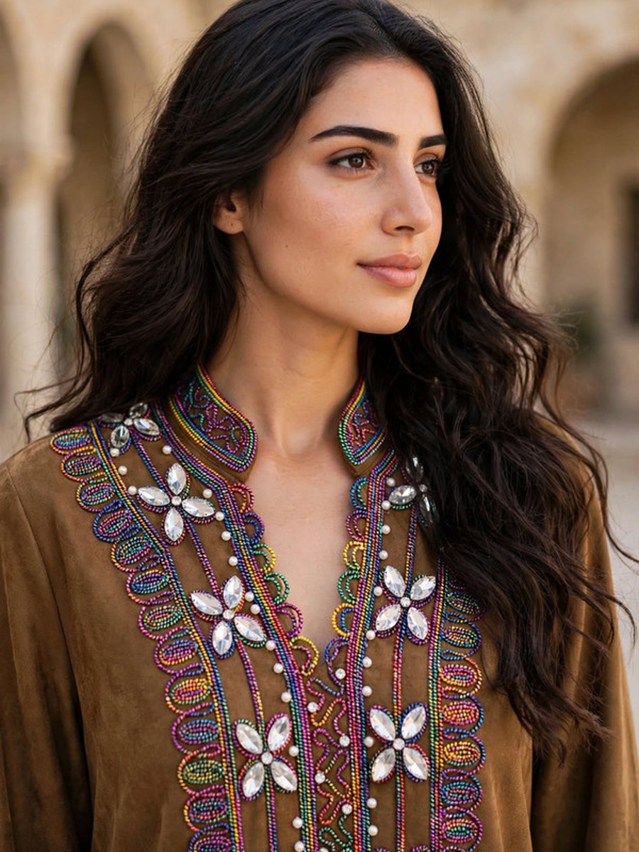 Multicolored Beaded and Crystal Suede Winter Wear Jalabiya