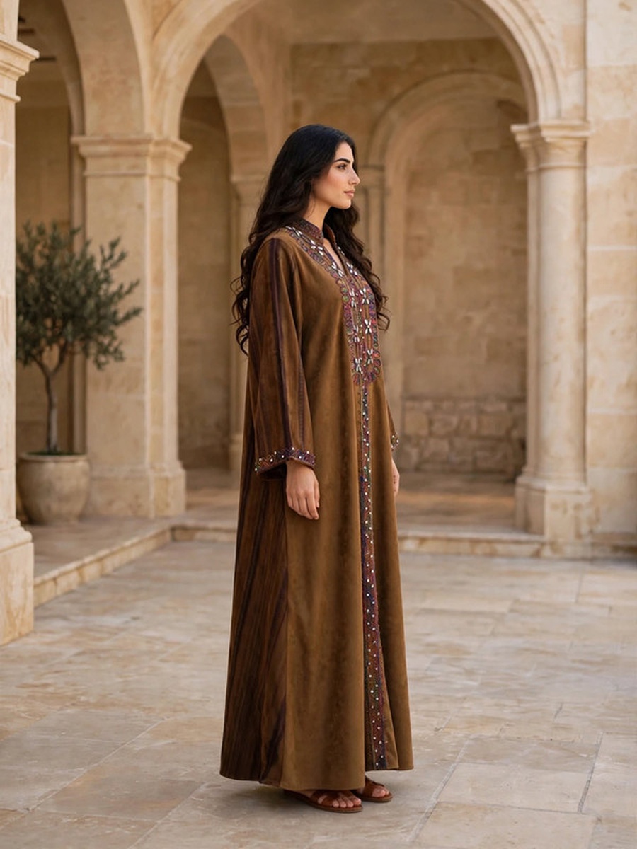 Multicolored Beaded and Crystal Suede Winter Wear Jalabiya