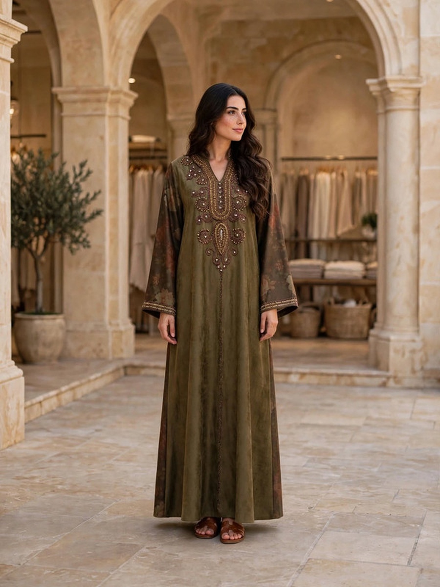Beaded and Crystal Embroidered Suede Winter Wear Jalabiya