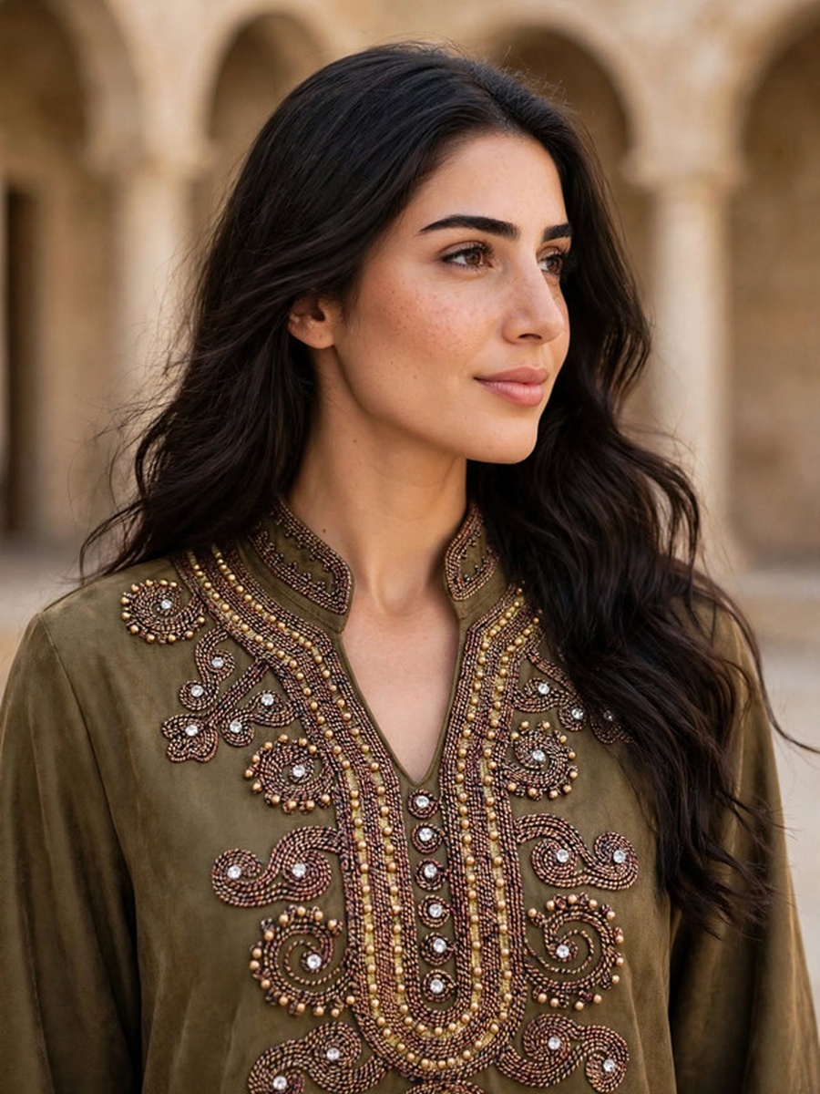 Beaded and Crystal Embroidered Suede Winter Wear Jalabiya
