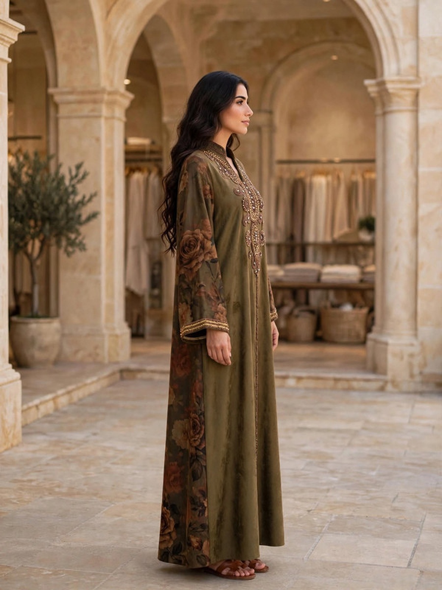 Beaded and Crystal Embroidered Suede Winter Wear Jalabiya