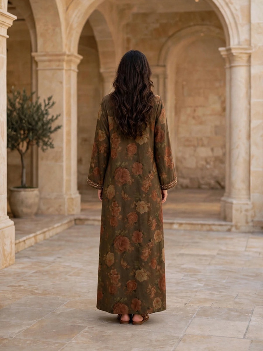 Beaded and Crystal Embroidered Suede Winter Wear Jalabiya
